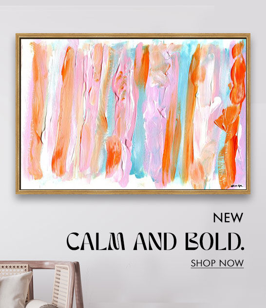 Shop our freshes, newest art. Pictured: Delicious Cream abstract piece with orange, pink, and blue paint strokes.